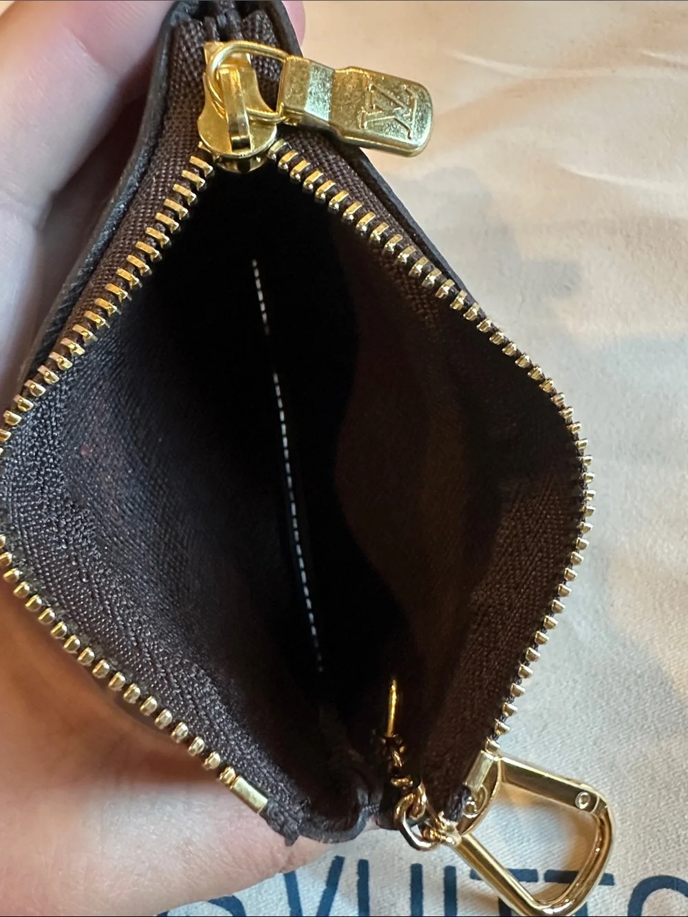 Louis Vuitton Brown Damier Ebene Key Coin Pouch with Gold Hardware Authentic